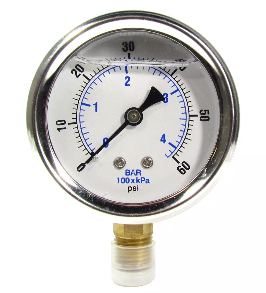 0 to 60 PSI Liquid Filled Pressure Gauge – 1/4 Inch Bottom Mount – 2-1/2 Inch Face – Stainless Steel Case