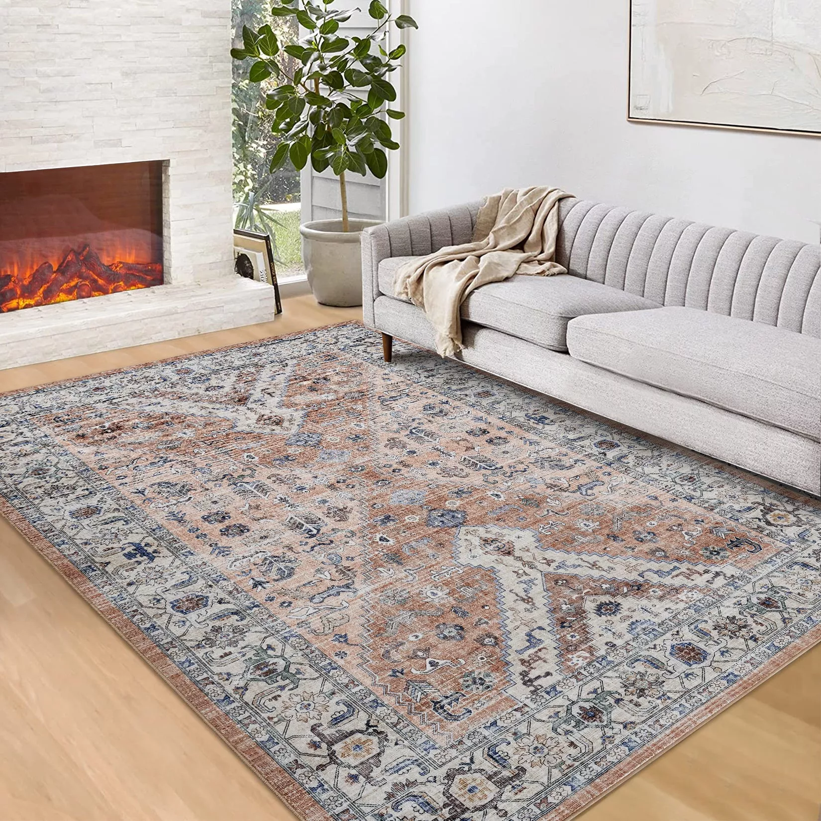 10′ x 13′ Brown Vintage Distressed Oriental Area Rug, Washable Non-Slip Low-Pile Carpet for Living Room, Bedroom and Dining Room