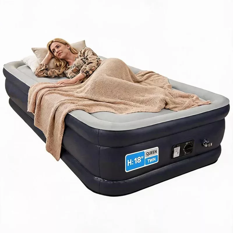 18-Inch Twin Air Mattress with Built-in Pump, Premium Elevated Inflatable Bed with Flocked Top, 300 Lbs Capacity & 21-Coil Support for Home Guests – Dark Blue/Grey