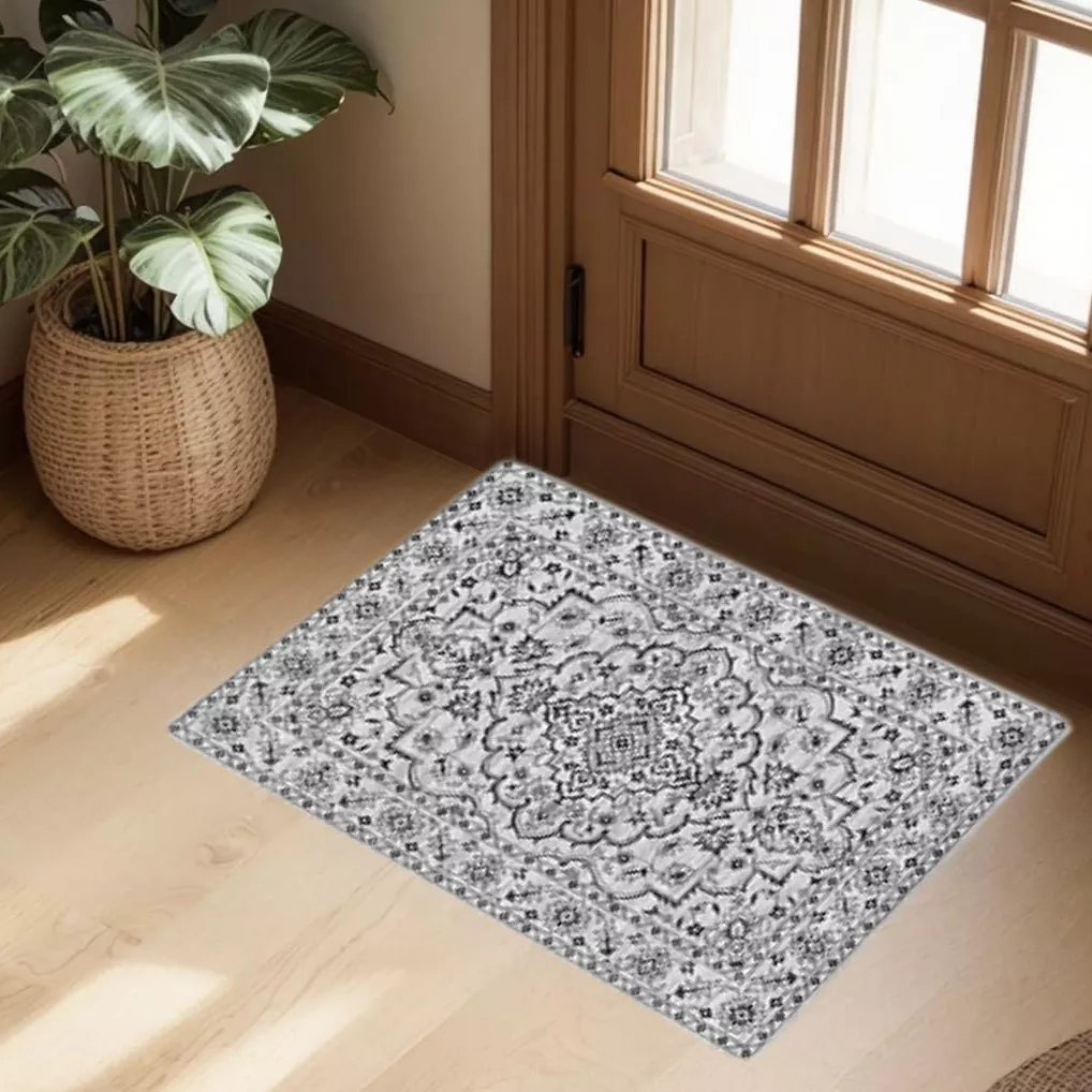 2×3 Ft Boho Area Rugs, Modern Machine Washable Floral Rug for Living Room, Black, Ultra Thin Low Pile