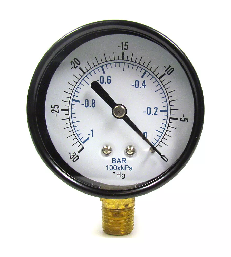 -30 to 0 PSI Vacuum/Pressure Gauge – 1/4 Inch Bottom Mount – 2-1/2 Inch Face – Stainless Steel Case