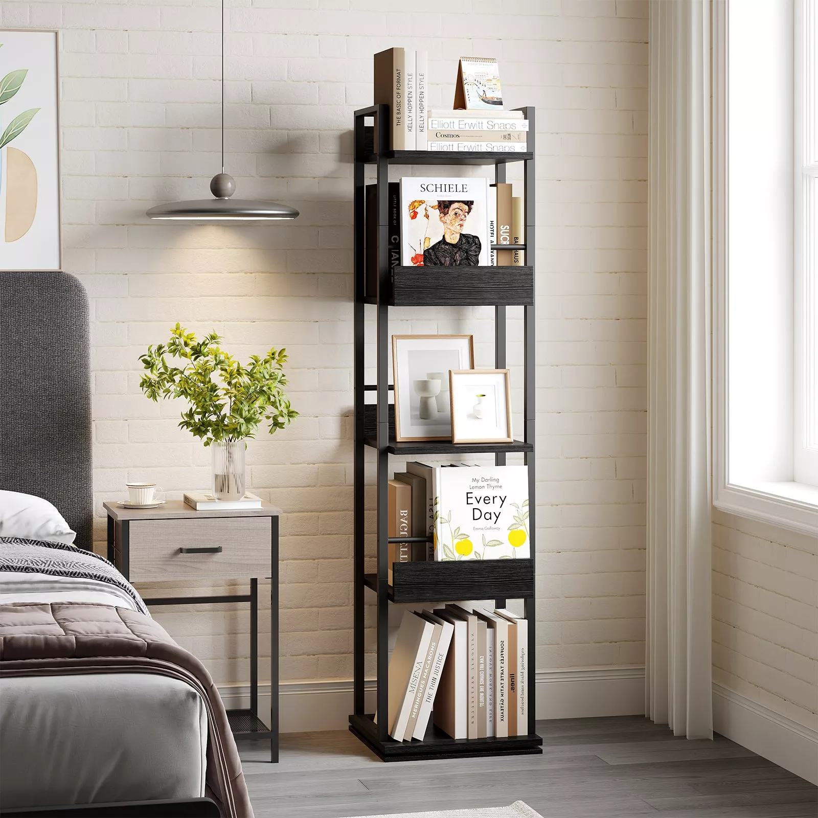 360 Rotating Corner Bookshelf Tower, 5-Tier Tall Narrow Freestanding Bookcase with Guardrail – Space-Saving Industrial Storage Rack for Living Room, Bedroom, Office, Study – Black Small Embossed