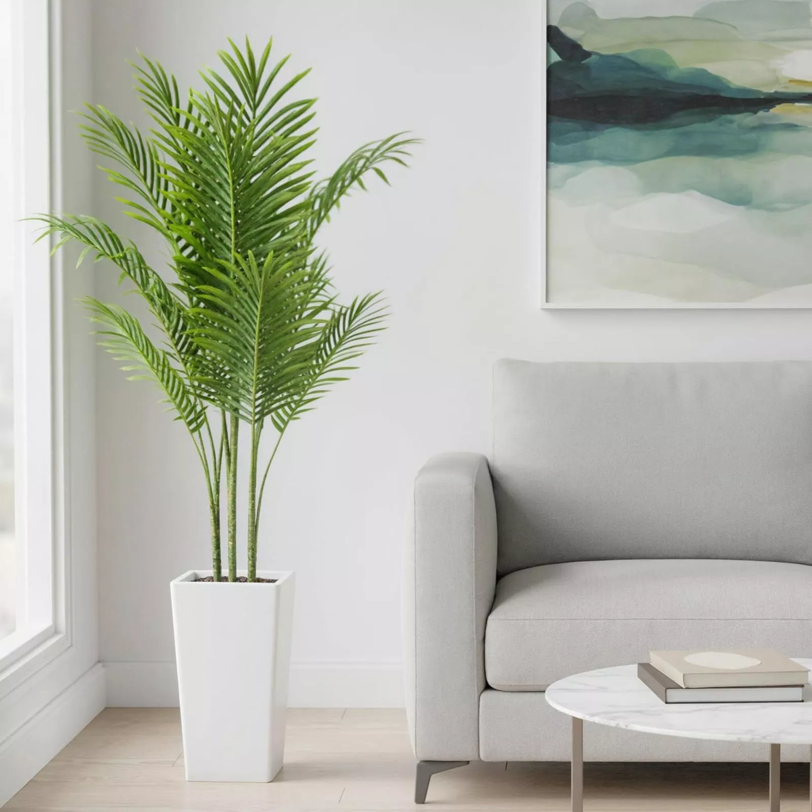 4.8FT Artificial Palm Tree, Tall Faux Plants Indoor Tropical Areca with White Planter and Lifelike Leaves, Fake Potted Trees for Living Room Bedroom Home Office Outdoor Porch Decor
