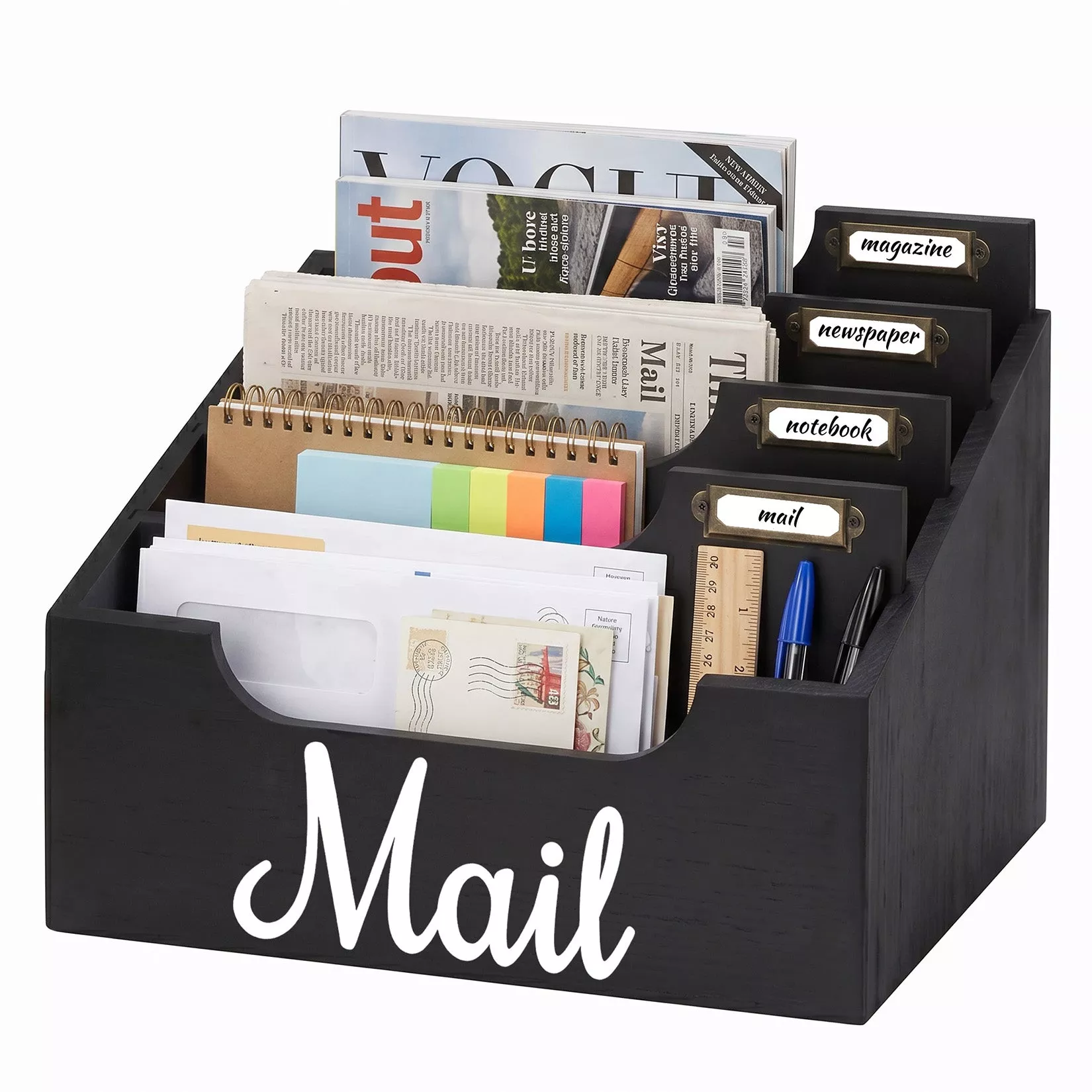 4-Slot Desktop Mail Organizer & Countertop Mail Sorter – Label Tabs, Document Storage – Mail Holder for Letters, Bills, Envelopes, Documents & Receipts for Home, Office & Entryway – Black
