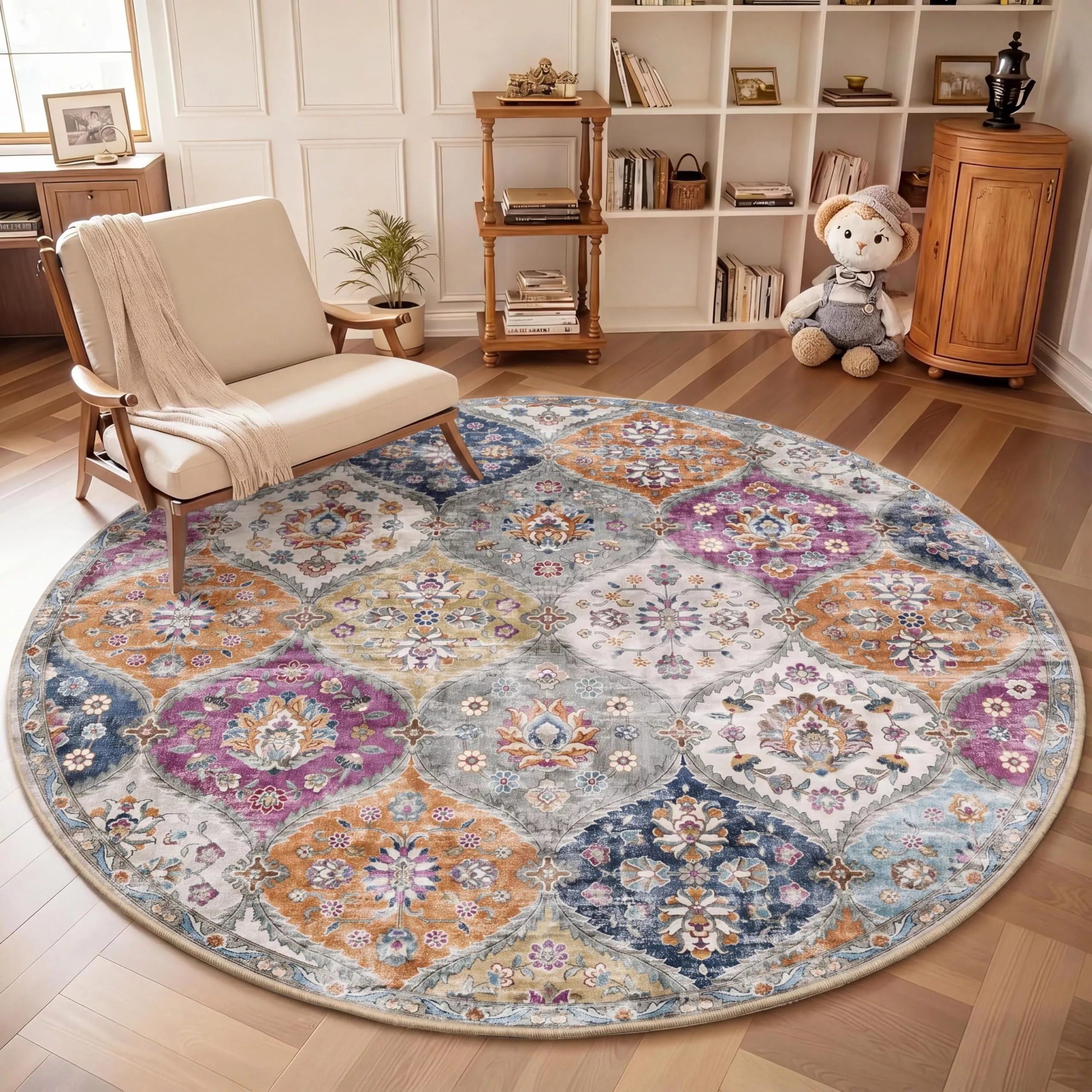 6′ Round North African Trellis Round Rug, Washable Non-Slip Low-Pile Soft Rug for Living Room, Bedroom & Nursery, Purple Multi
