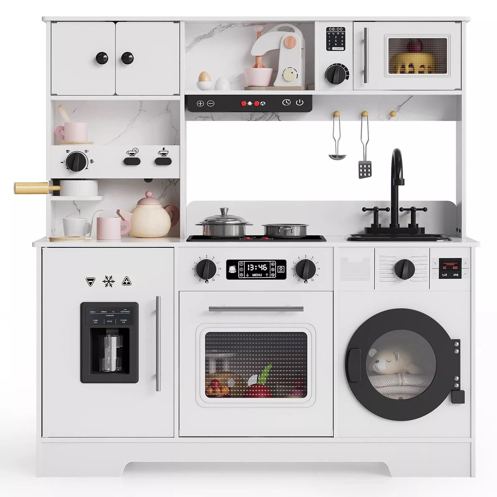 8-in-1 Wooden Play Kitchen Set for Kids – Lights & Sounds, Coffee Maker, Stove/Basin/Oven/Microwave – 11 Accessories, Storage – Pretend Cooking Toy Ages 3+ – White Panel, Gray Accessories