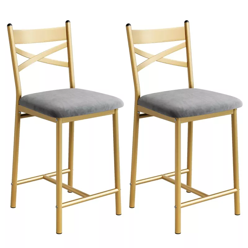 Bar Stools Set of 2, Counter Height Bar Stools with X Back and Thick Cushion, PU Leather, Metal Barstools for Kitchen Island Apartment Counter Bar, Gold