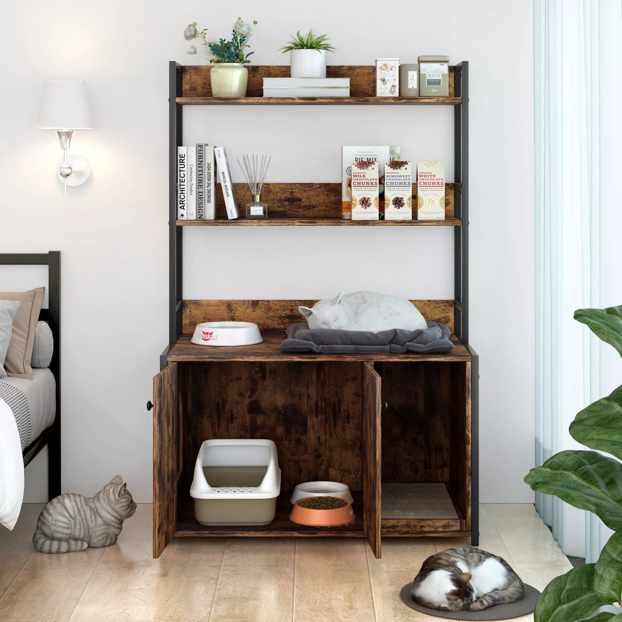 Cat Litter Box Enclosure with Shelf Storage, Double Door, Indoor Cat Cabinet, Brown, Multi-Layered, Sturdy