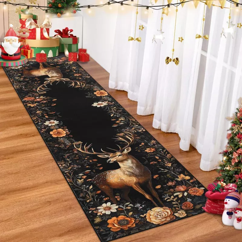 Christmas Black 2×8 Runner Rugs, Non-Slip Washable Kitchen Rug with Elk Statue, Ultra-Thin