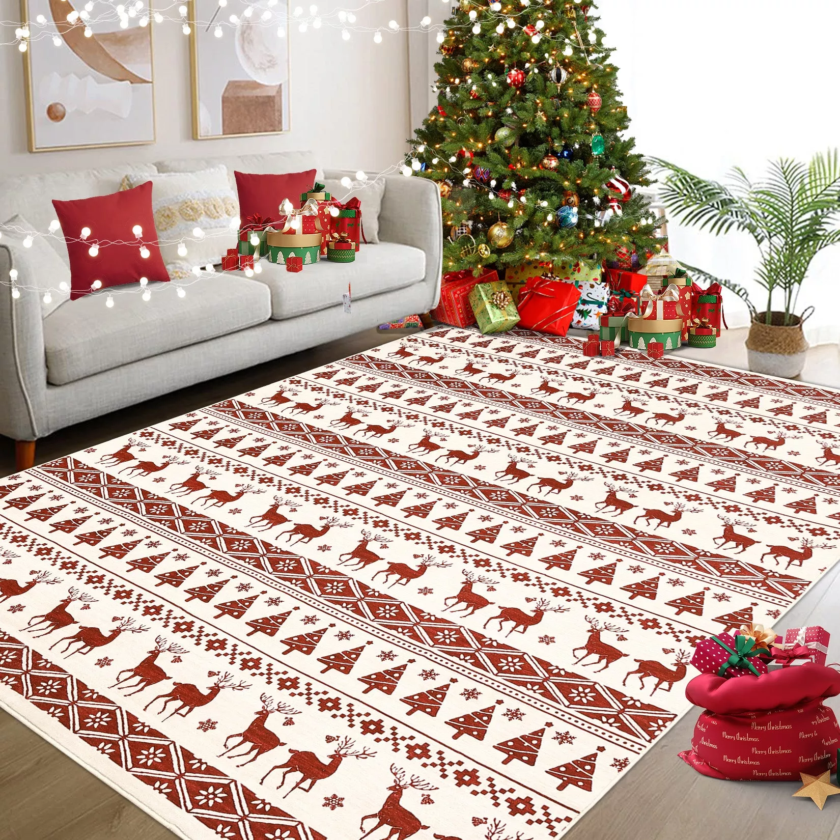 Christmas Red&White 8×10 Area Rug Washable Living Room Carpet Snowflake Holiday Decor Bedroom Rug Decorative Xmas Boho Non Slip Soft Low Pile Boho Carpet Dining Room Office Playroom