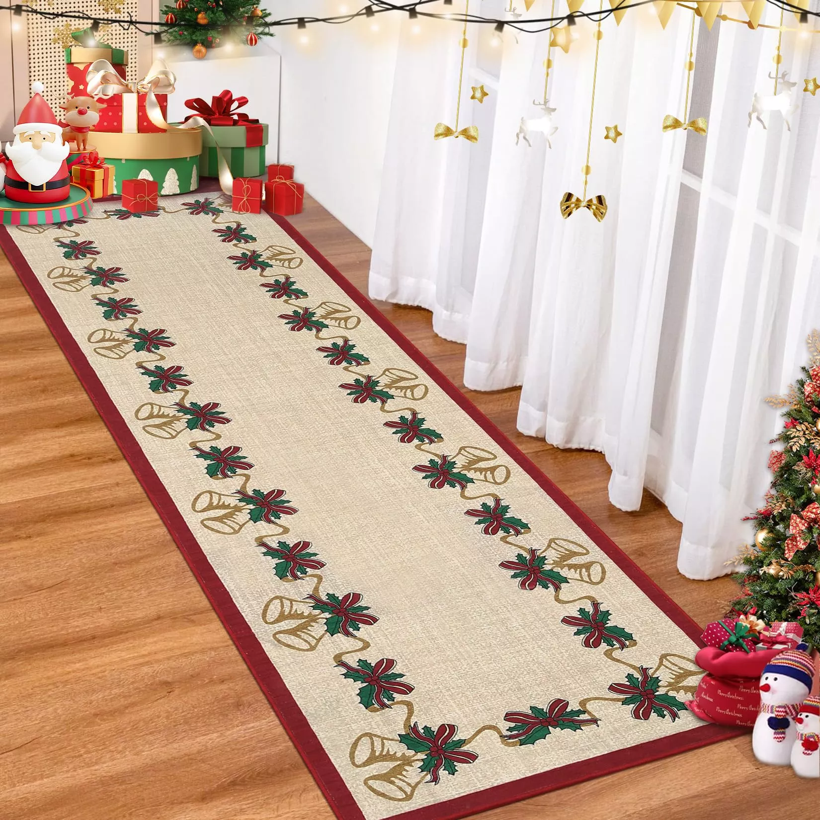 Christmas Runner Rugs, Beige 2’x10′ Bells Holly Berry Ribbon Garland Traditions Throw Carpet for Living Room Bedroom Kitchen Office Hallway Entryway