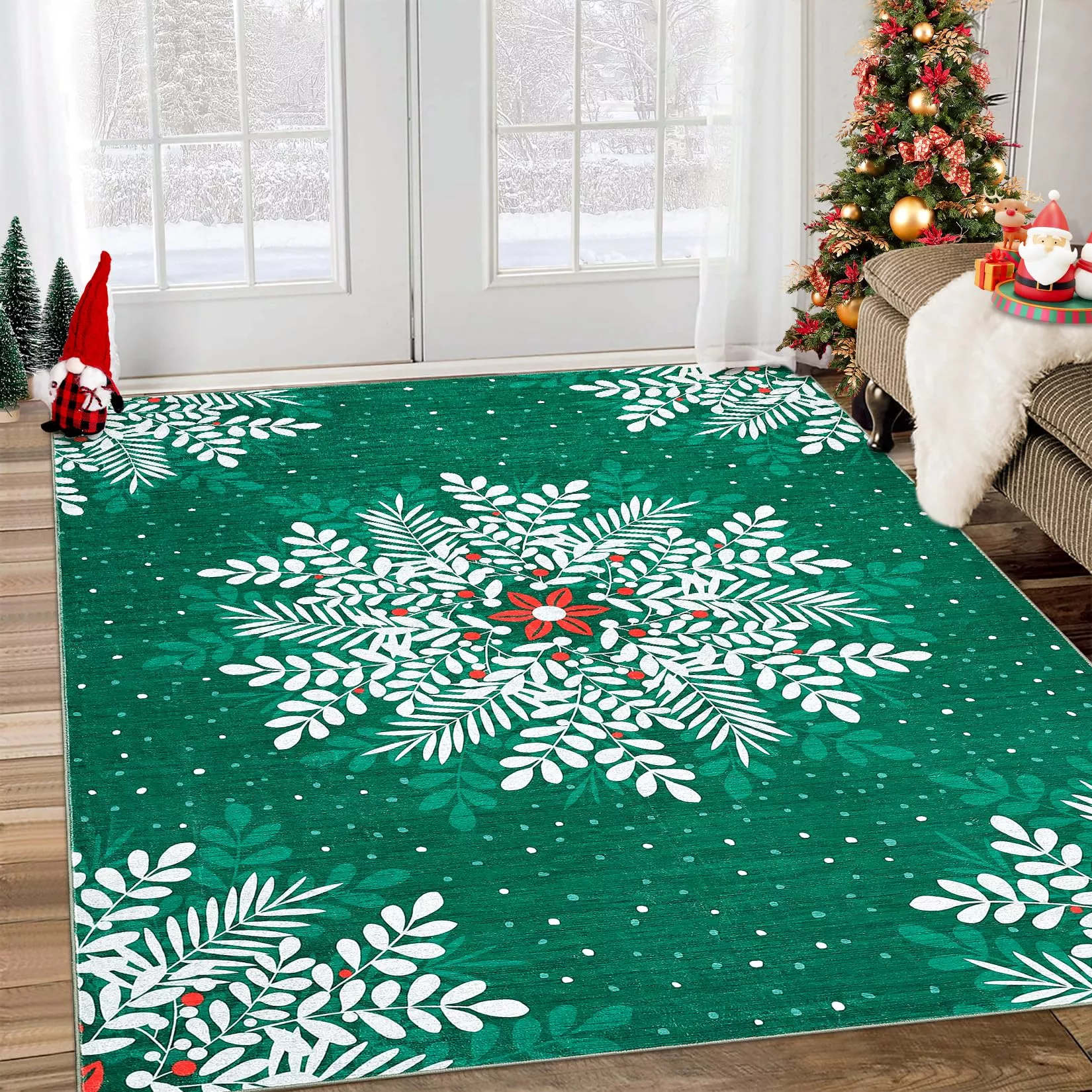 Christmas Snowflake Area Rug 4×6 Washable Non Slip Green for Living Room Nursery Dorm Dining Room