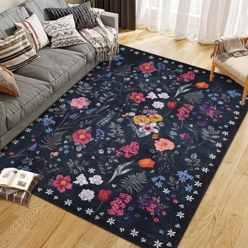 Colorful Floral Door Rug Ultra Soft Faux Wool Non-Slip Indoor Mat for Entryway Kitchen Bedroom Various Sizes