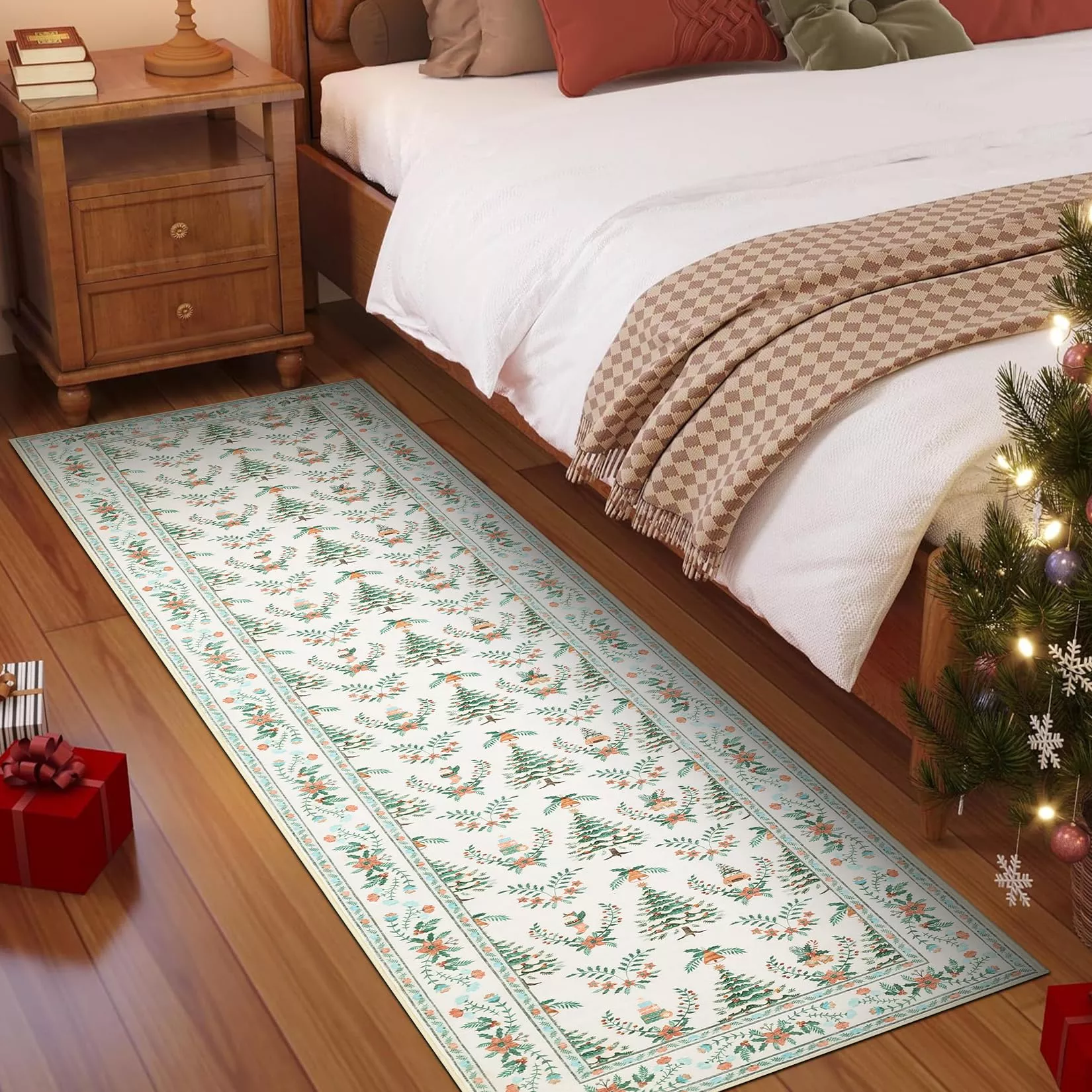 Distressed Christmas Beige 2×8 Low Pile Non-Slip Machine Washable & Foldable Rug for Living Room, Bedroom, Entryway & Holiday Gatherings
