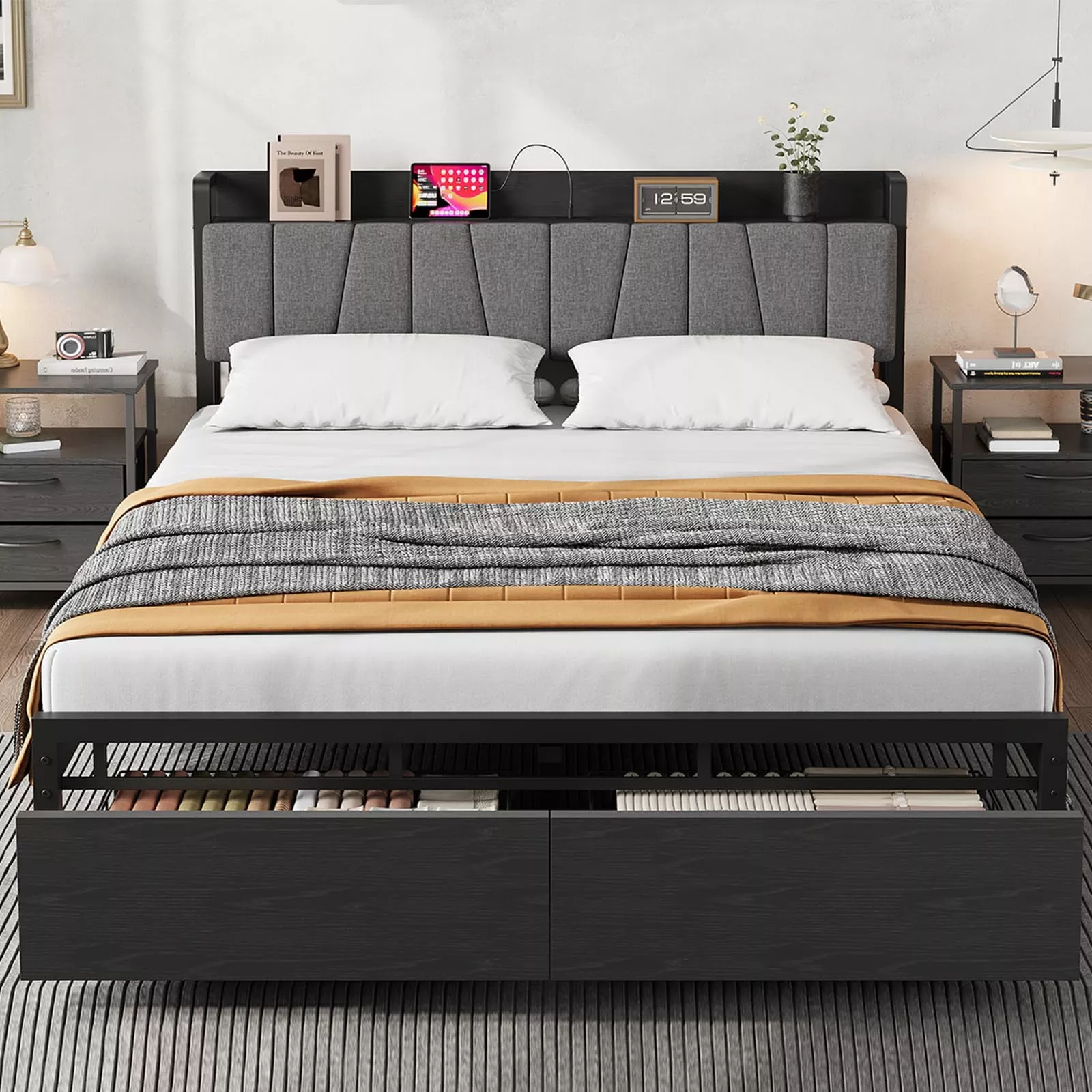 King Size Bed Frame with Upholstered Headboard, Storage Drawers, Charging Station, Metal Slats, Black, Platform Bed for Bedroom