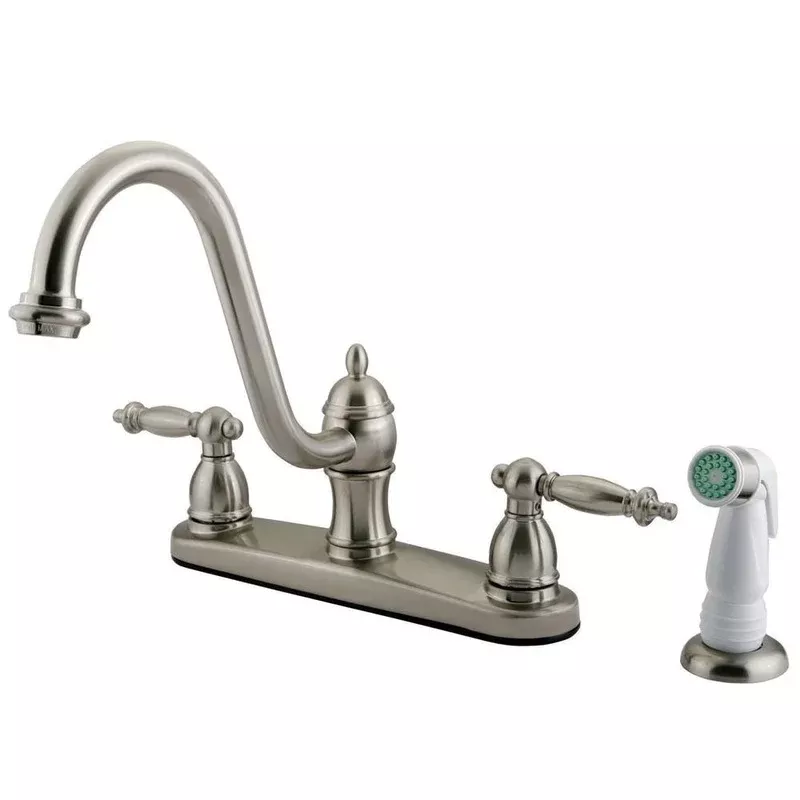 Kingston Satin Nickel Templeton 8″ Kitchen Faucet With White Sprayer KB3118TL