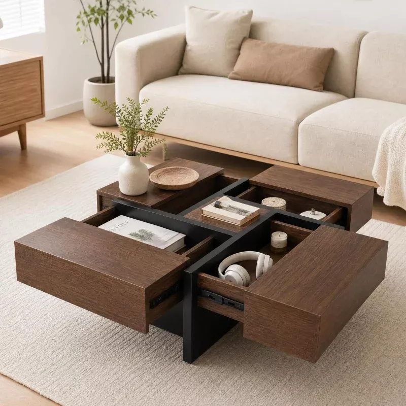 Mid-Century Modern Expandable Coffee Table with Sliding Top – Square Center Table w/ 4 Hidden Storage Compartments, Wood for Living Room, Apartment & Small Spaces – Vintage Color