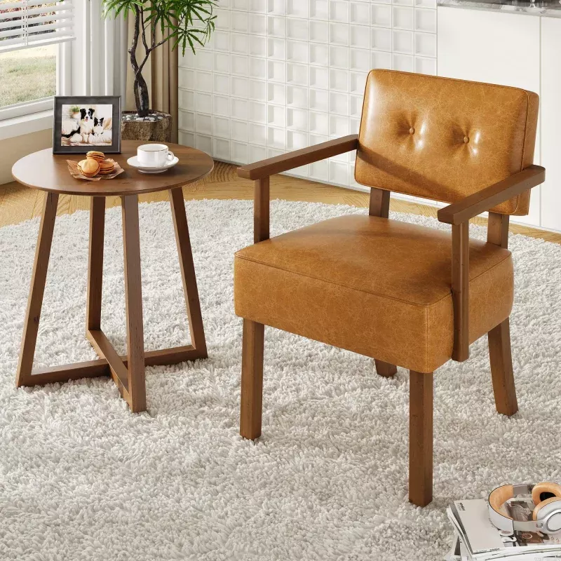 Mid-Century Modern Faux Leather Accent Chair with Button Tufting, Ergonomic Support, Wood Frame, Water-Resistant PU Leather, Reading Leisure Chair for Bedroom Living Room, Black