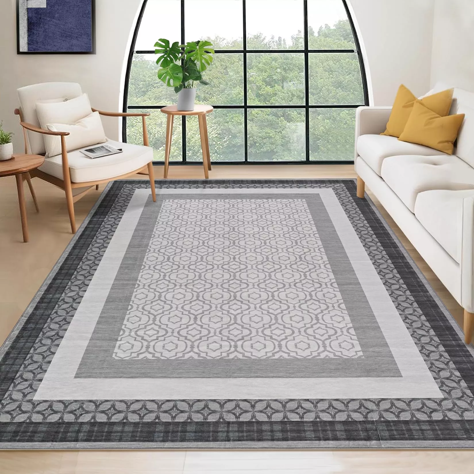 Modern Abstract Washable 8×10 Area Rug for Living Room, Bedroom, Dining Room, Playroom, Nursery, Grey, Ultra Thin, Low-Pile, Stain Resistant