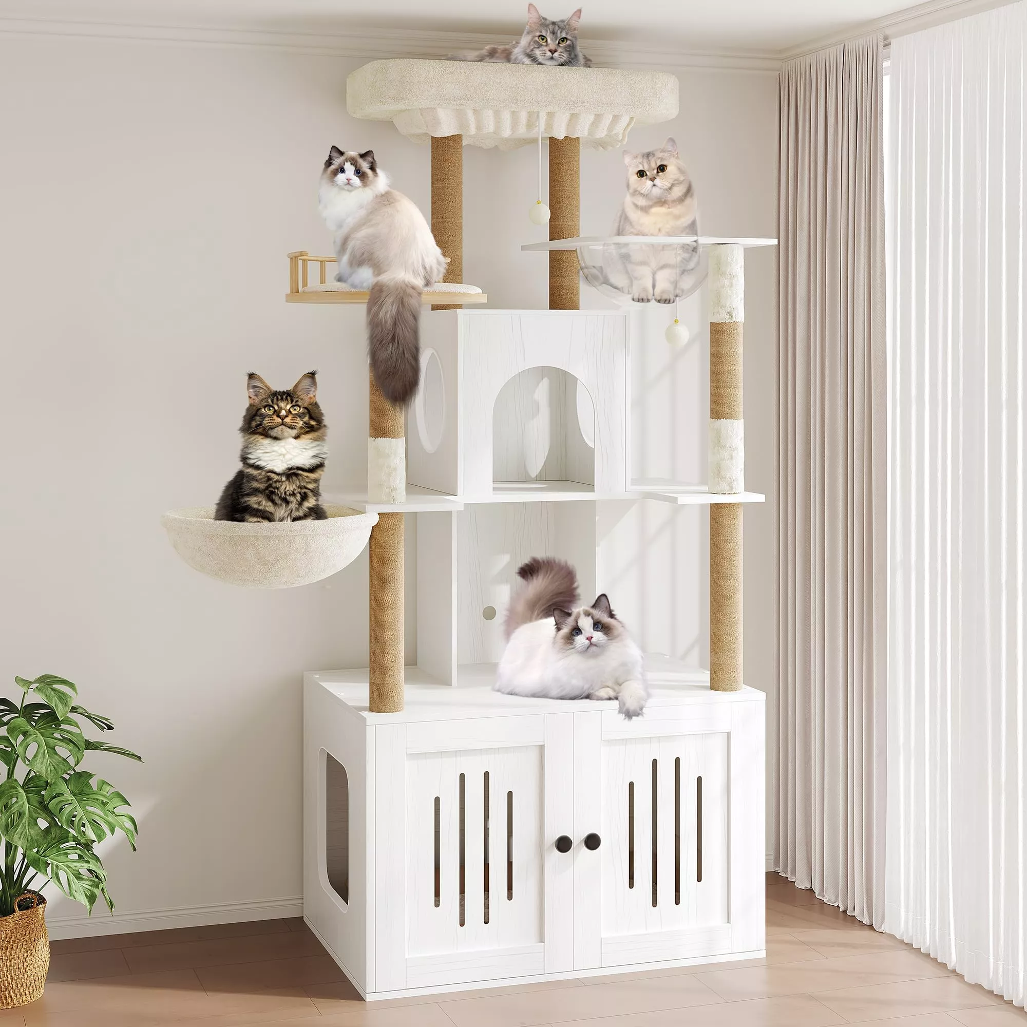 Multi-Level Cat Tree with Hidden Litter Box EnclosureSoft Perch, Hammock, Sisal Scratching Posts, Modern Cat Condo Furniture for Living RoomCat Tower for Indoor CatsVintage White