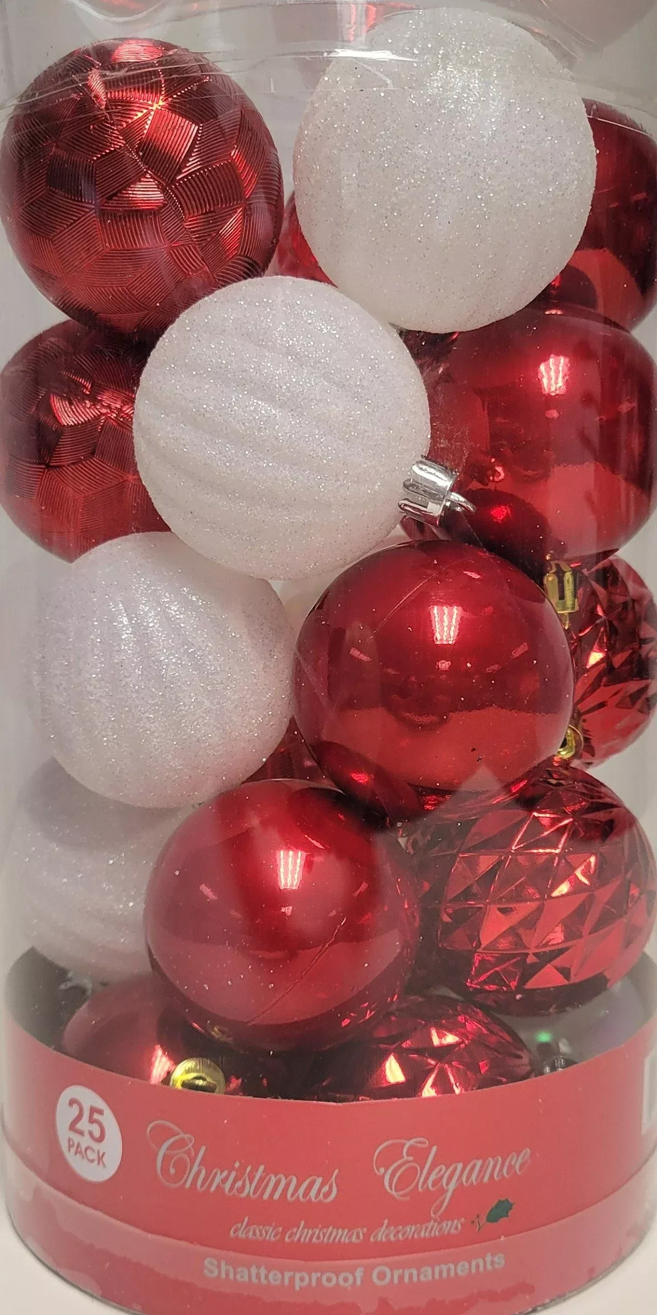 Pack of 25 Unbreakable 60MM Christmas Ornaments (Red/White)