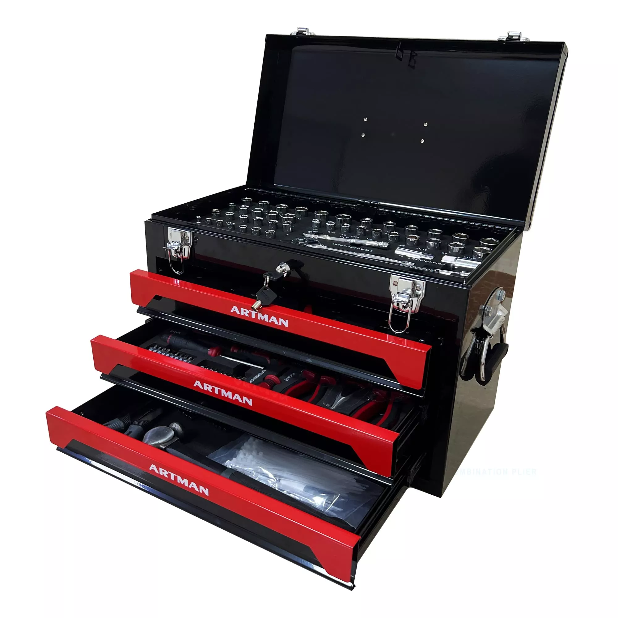 Portable 3 Drawer Steel Tool Box With Ball-Bearing Slides For Workshop Garage Home Repair Red