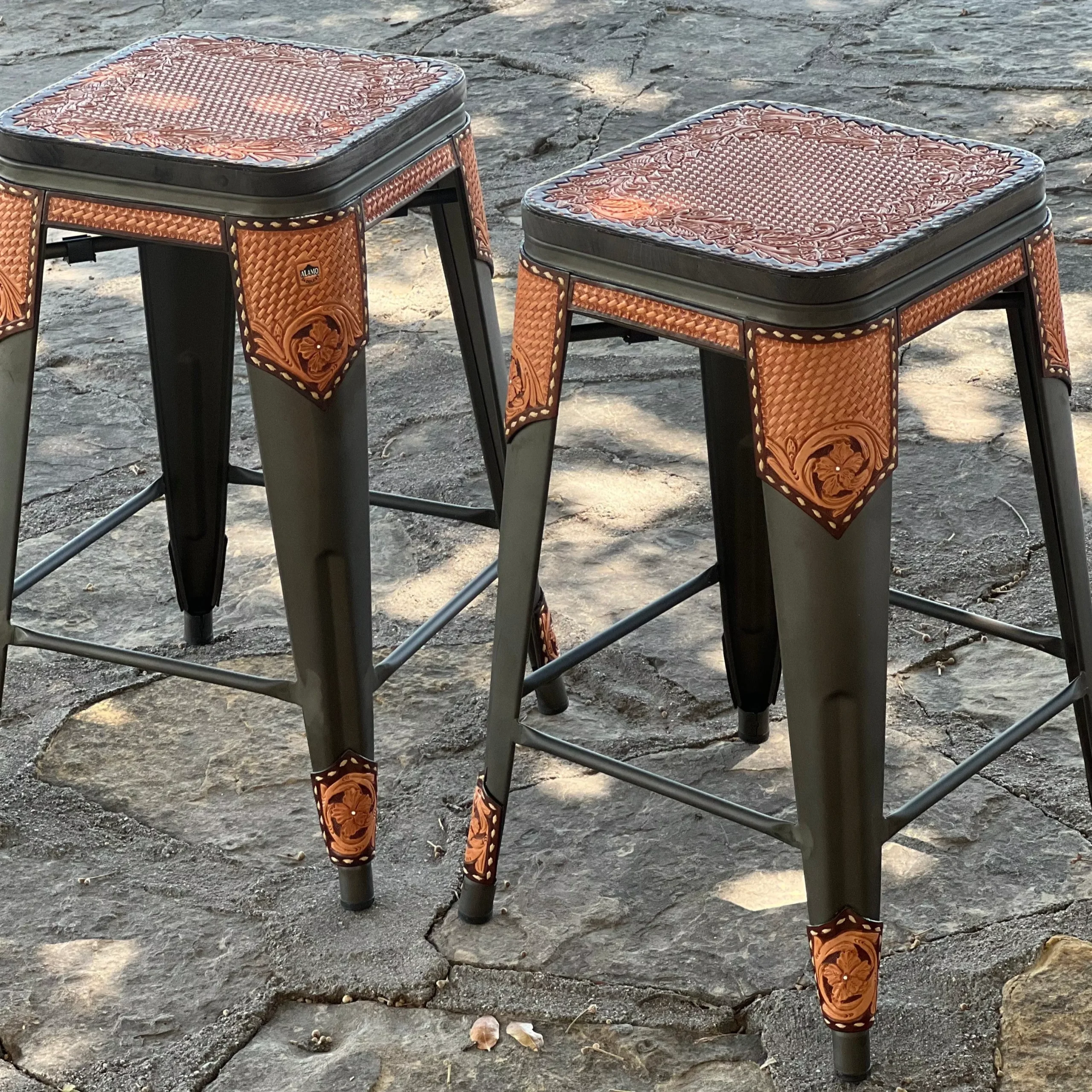 **PRE ORDER** Alamo Saddlery Cinnamon Bar Stools with Hand Tooled Leather