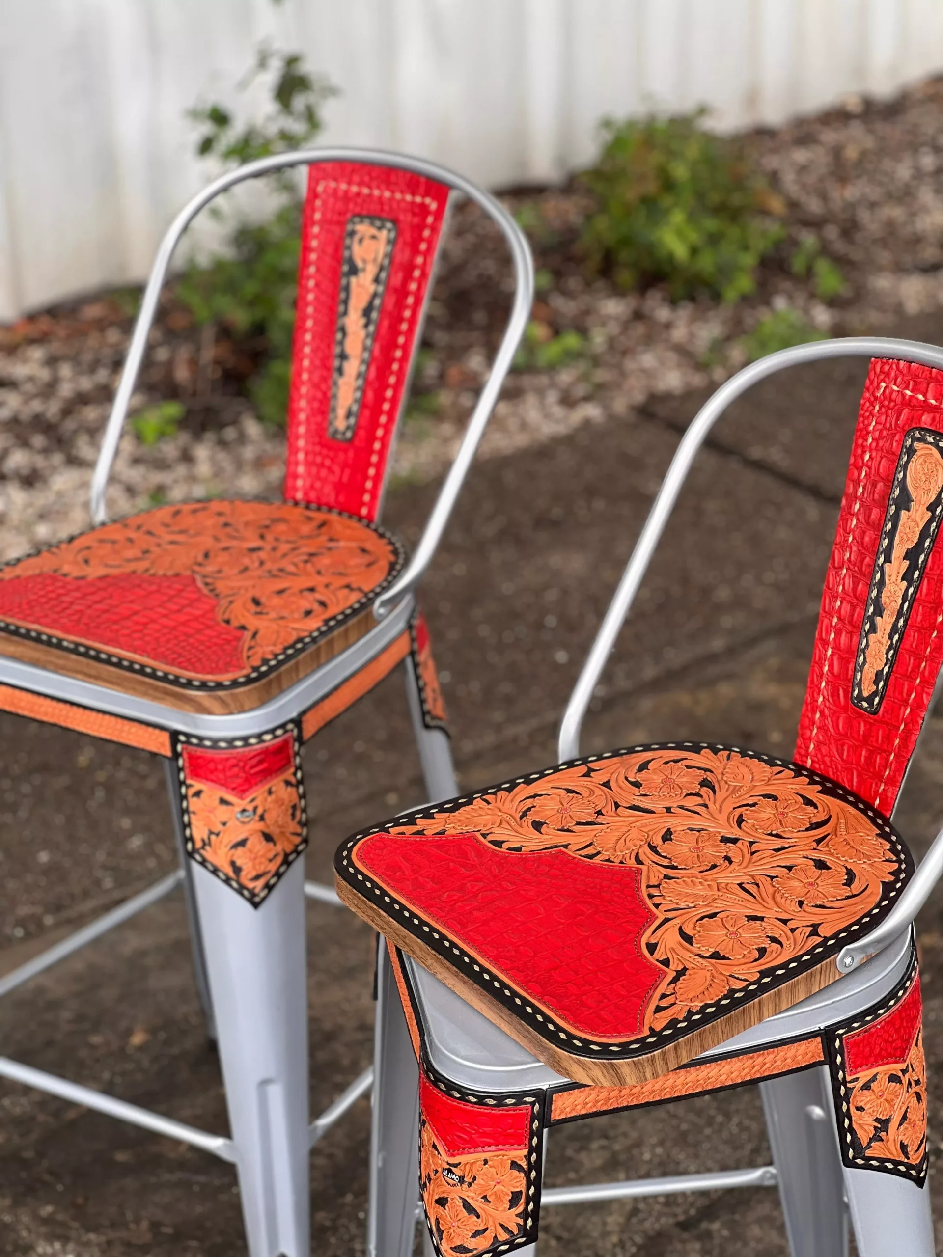 **PRE ORDER** Alamo Saddlery Red Gator Tall Back Swivel Bar Stools – Hand Tooled Leather