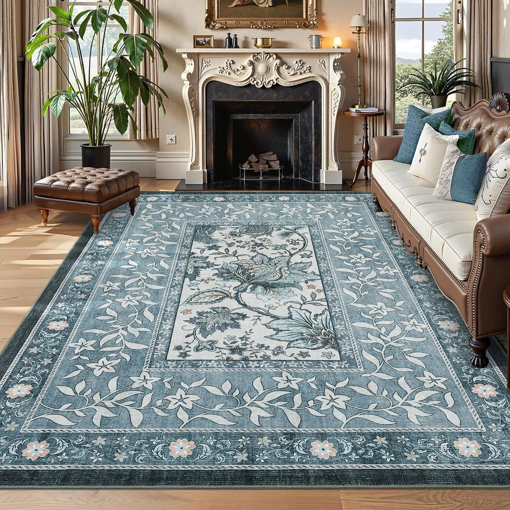 Provence Area Rugs 9×12 Botanical Grove Retro Blue Washable Rug for Living Room Bedroom Nursery