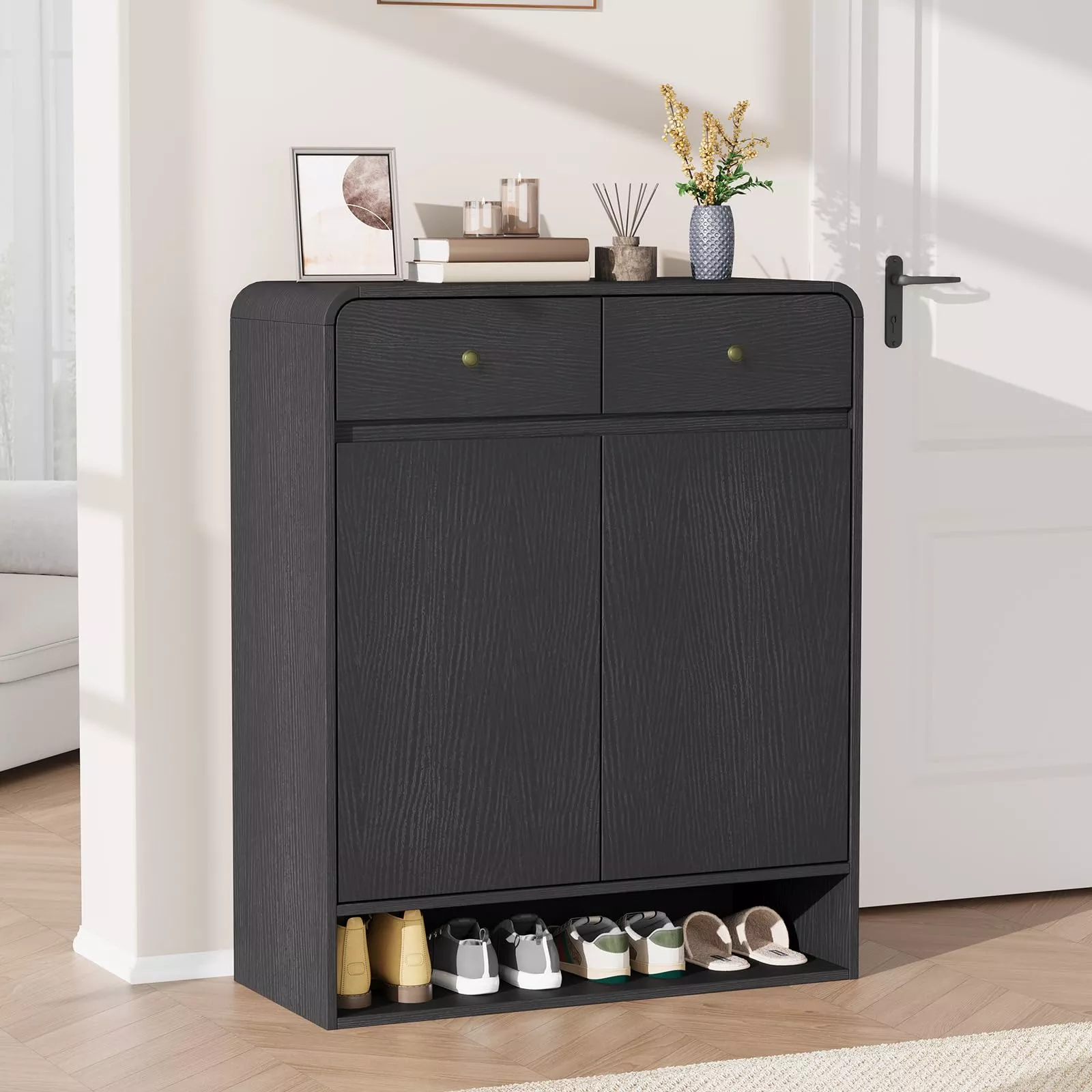 Shoe Cabinet with 2 Doors and Drawers, Freestanding Wood Shoe Storage Organizer with Open Bottom Shelf, Modern Entryway Shoe Cabinet for Hallway, Foyer, Black