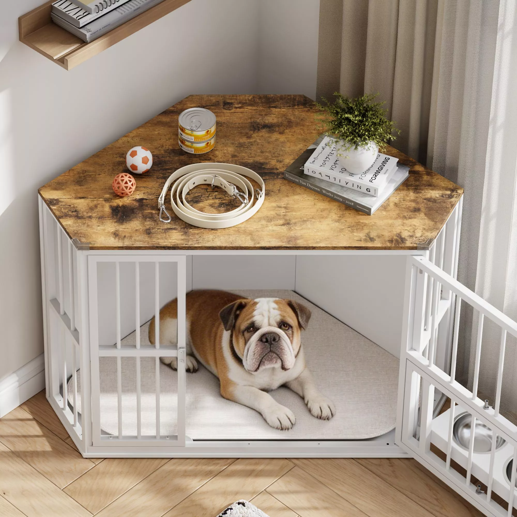 Space-Saving Corner Dog Crate FurnitureWooden Indoor Kennel End Table with 360 Rotating Door, Stainless Steel Feeding Bowls, Decorative Design for Small Dogs, White, Classic + White Relief + White Iron Frame