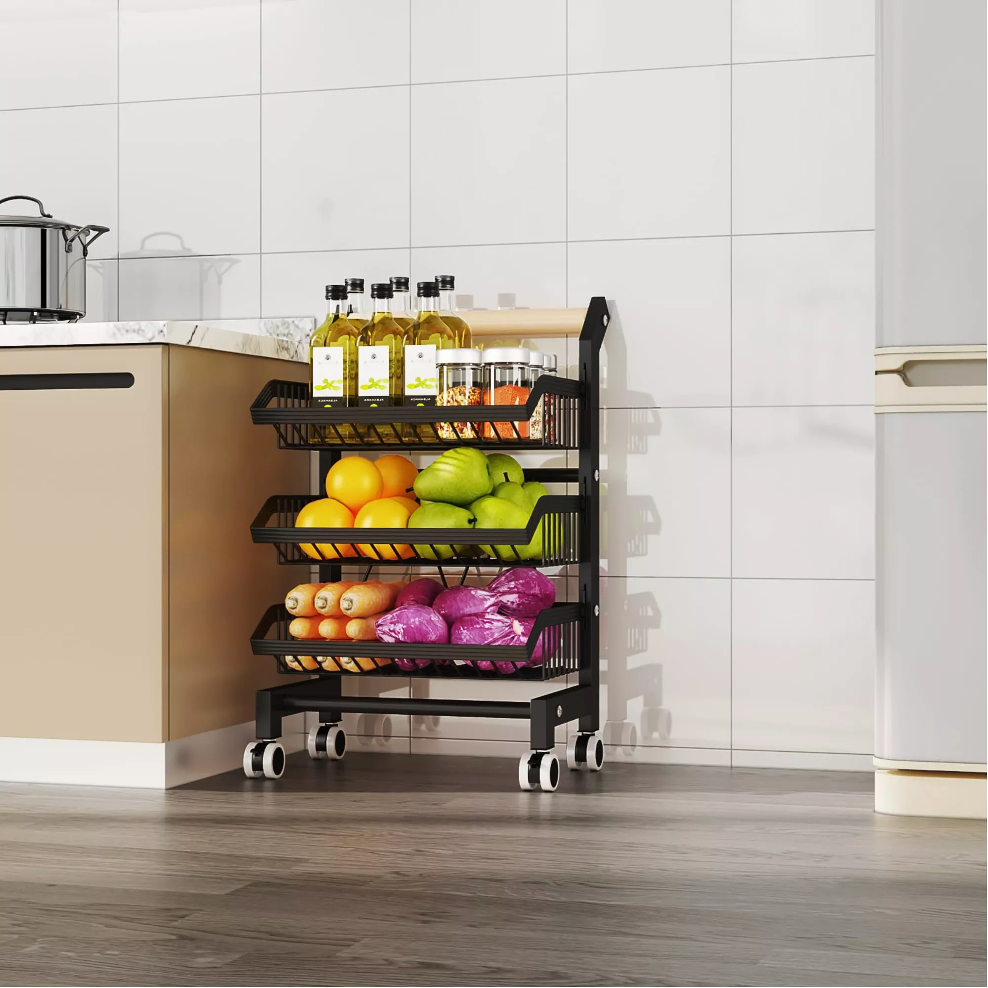 Vegetable Storage Rack, 3 Tier Kitchen Trolley with Lockable Wheels, Durable Metal Frame & Wood Handle, Carbon Steel Rolling Cart Fruit Basket Stand for Snack Onion Potato Pantry Bathroom 42x32x69cm