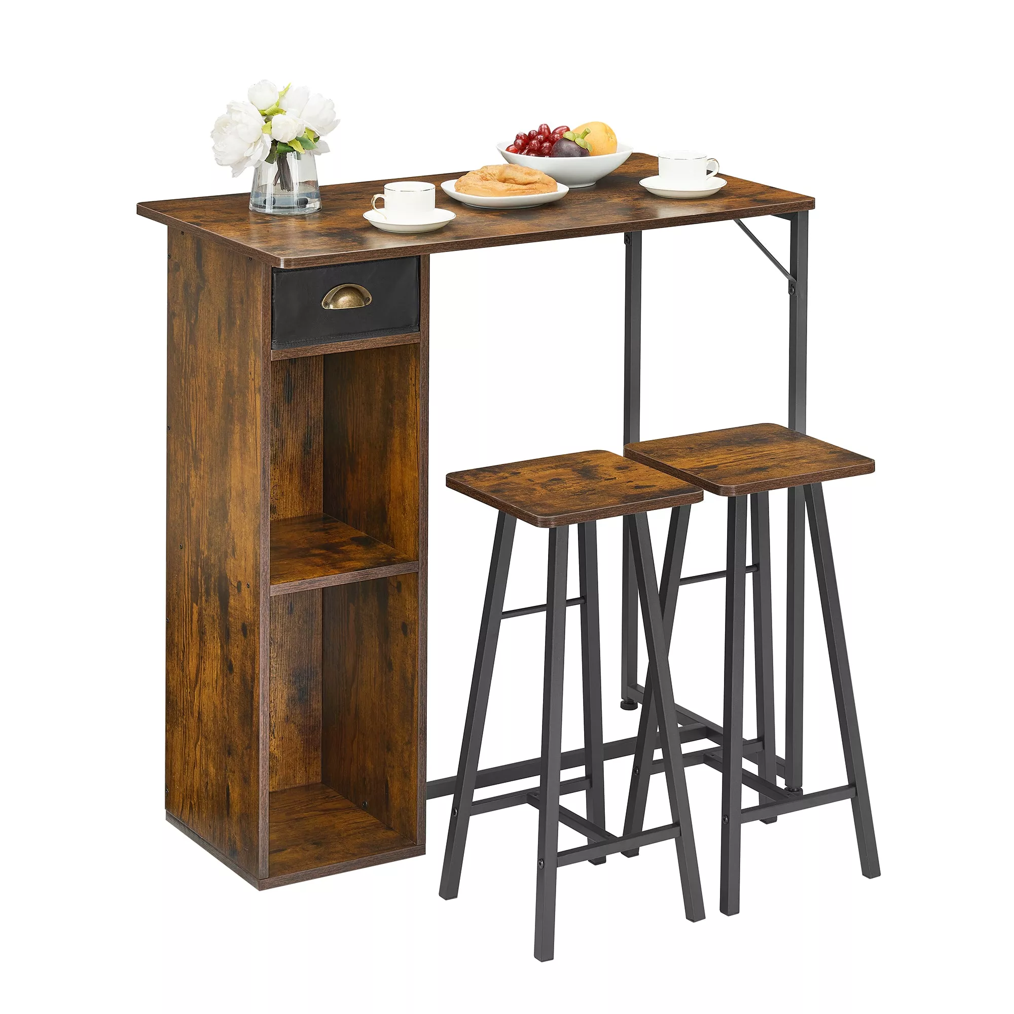 Versatile 3 Piece Dining Table Set with Storage Drawer & 3-Tier Shelf – Counter Height Table and 2 Barstools – Space-Saving Breakfast Nook Furniture for Apartment or Small Dining Room – Classic Color