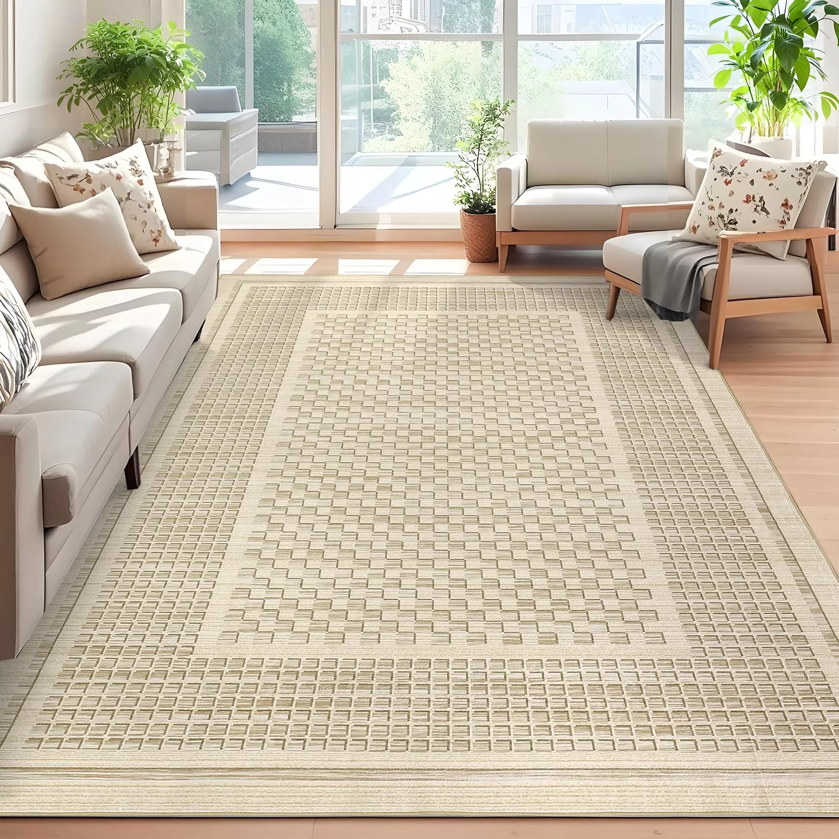 Washable 10×13 Area Rug – Non-Slip, Stain-Resistant, Low Pile – 100% Polyester, Durable Edges, Foldable – Modern Plaid for Living Room, Bedroom, Dining