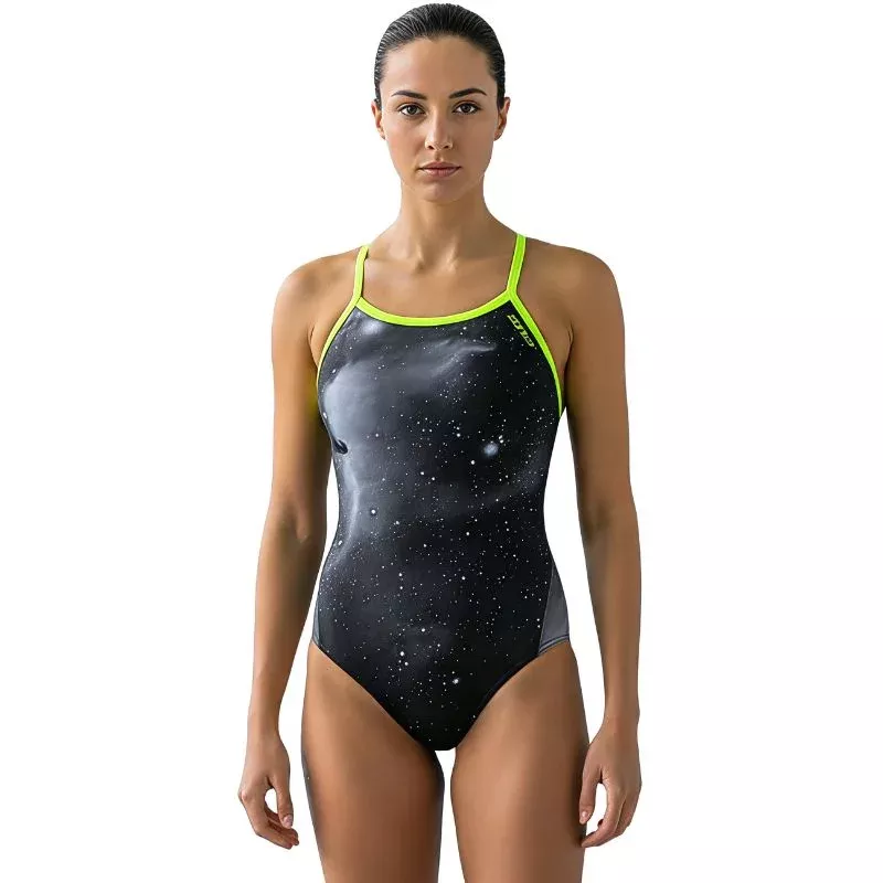 Zone3 – Womens Cosmic Bound Back Swimsuit (Black/Grey/Yellow)